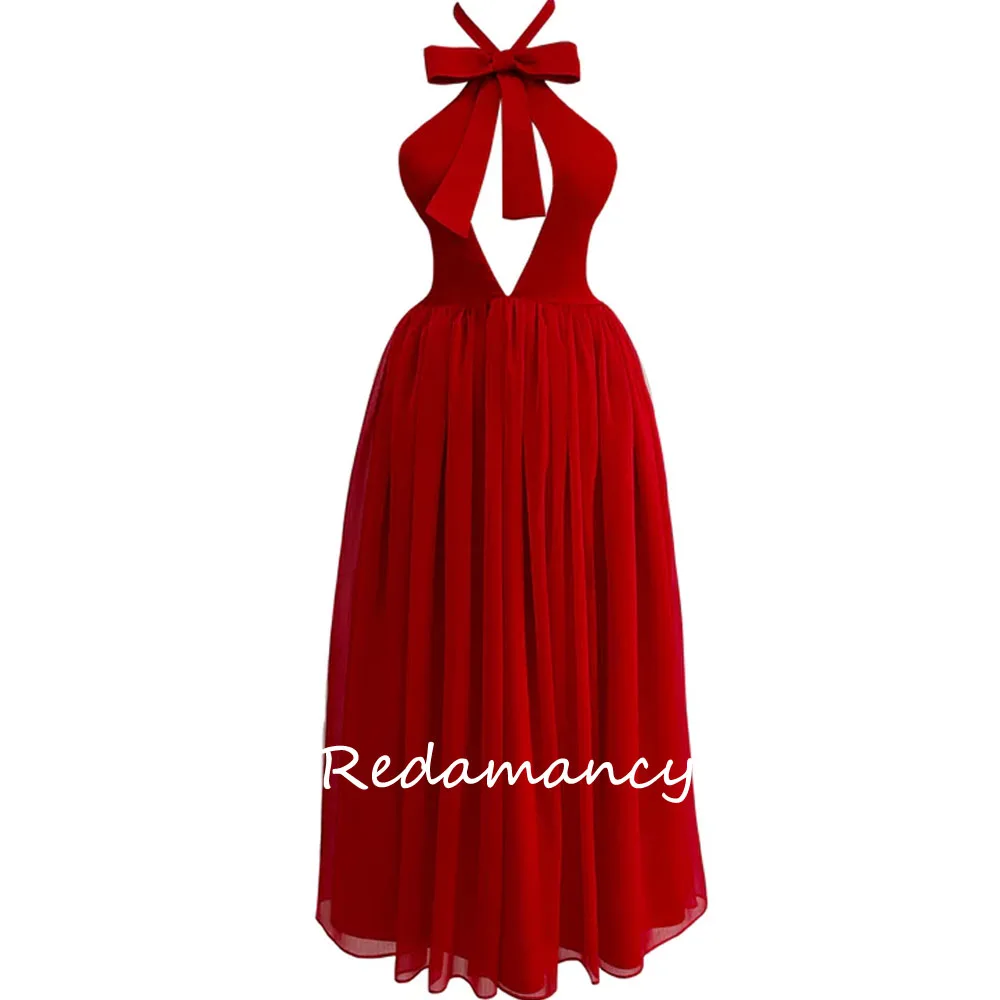 Redamancy Red Bow Halter Chiffon A-LINE Homecoming Dresses 2024 Backless Slim Ankle-Length vestidos de novia Party Dress