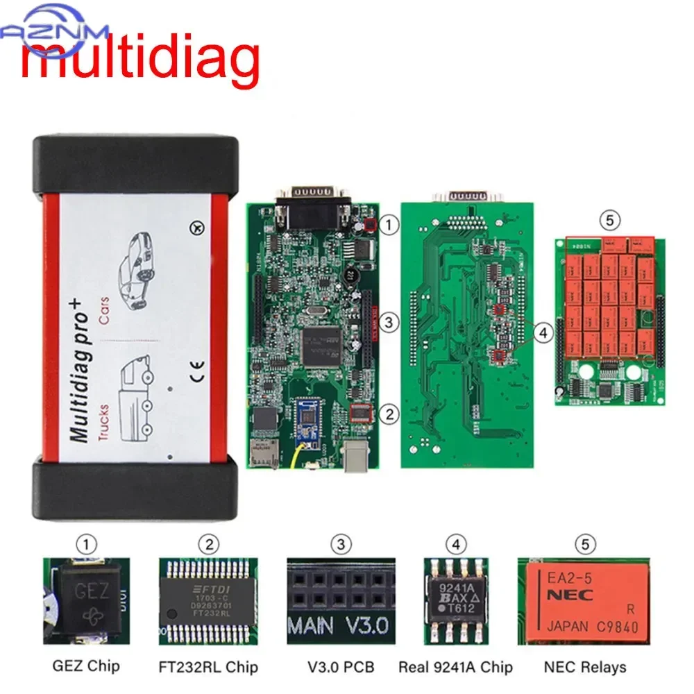 Multidiag Pro Plus V3.0 VCI NEC 9241A For Car Truck ODB2 Scanner Diagnostic Tool Autocom Delphis Ds150e Single Board 2024 2025
