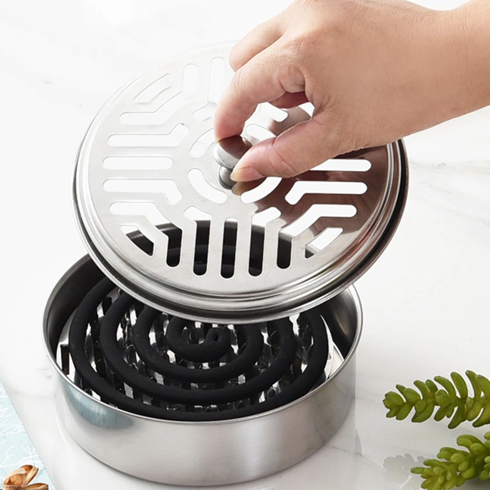 Stainless Steel Mosquito Coils Holder round Tray with Cover Easy to Clean Anti-Mosquito Supplies for Outdoor Picnic Travel