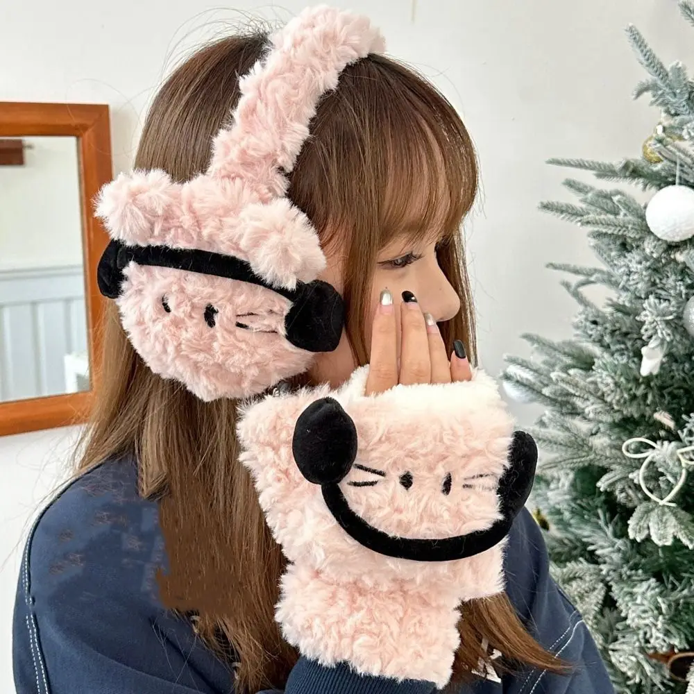 

Comfortable Cat Half Finger Gloves Windproof Keep Warm Cartoon Mittens Ear Warmers Flip Winter Plush Earmuffs Skiing
