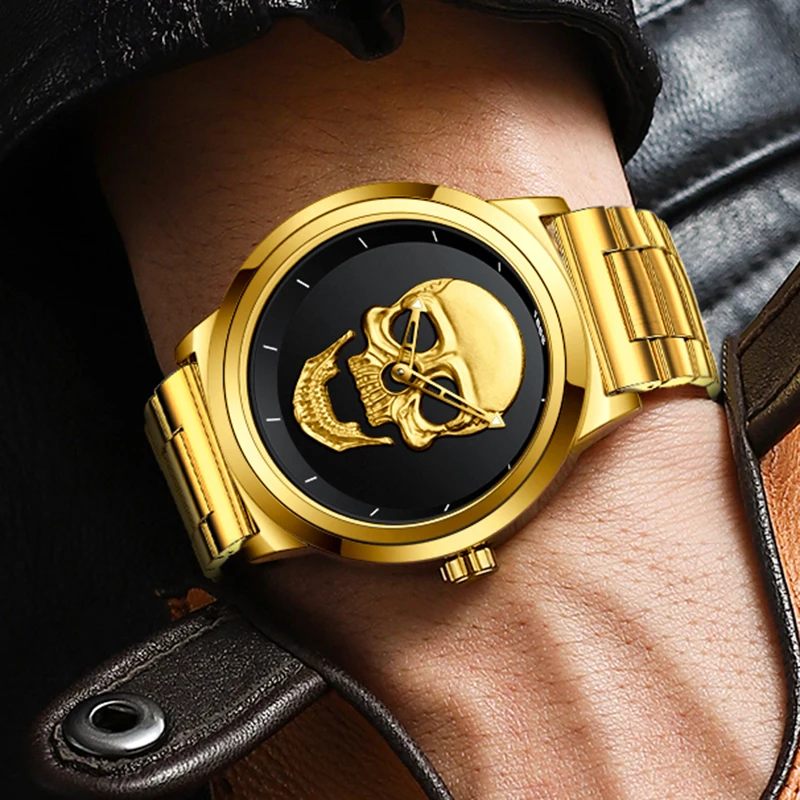 LIGE Top Luxury Brand Gold Black Skull Men Watches with Stainless Steel Sports Waterproof Quartz Clocks Male Creative Wristwatch