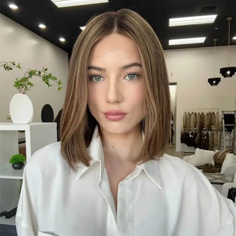 

Новый короткий прямой парик Боб Ombre Коричневый блондин HD Парик фронта шнурка Человеческие волосы Парик из синтетических волос Женский парик высокой плотности