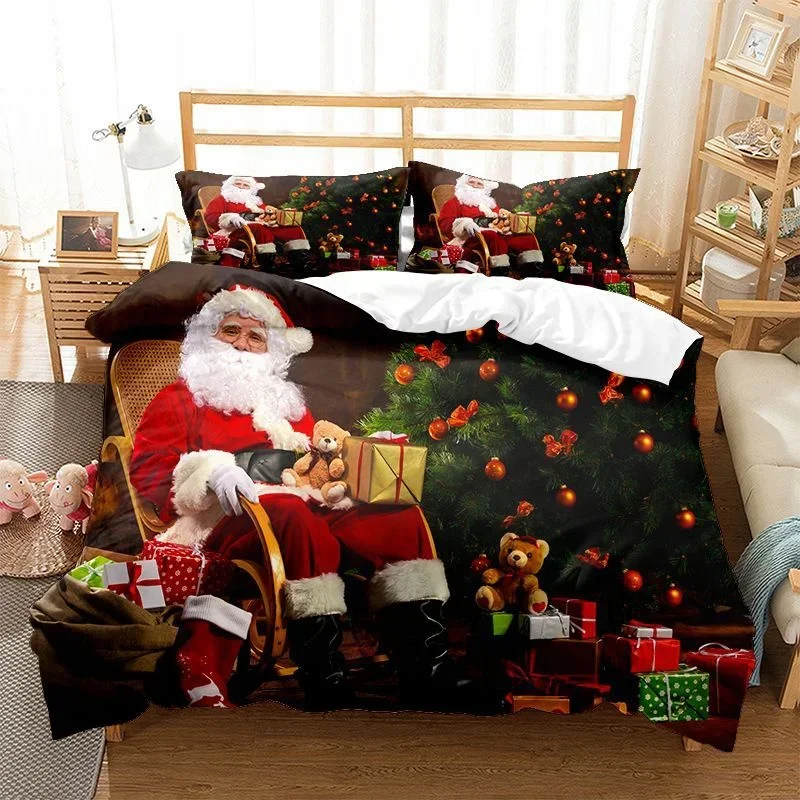 Santa Claus Duvet Cover King Queen Double Merry Christmas Bedding Set Christmas Tree Comforter Cover Xmas New Year Gift Bed Sets