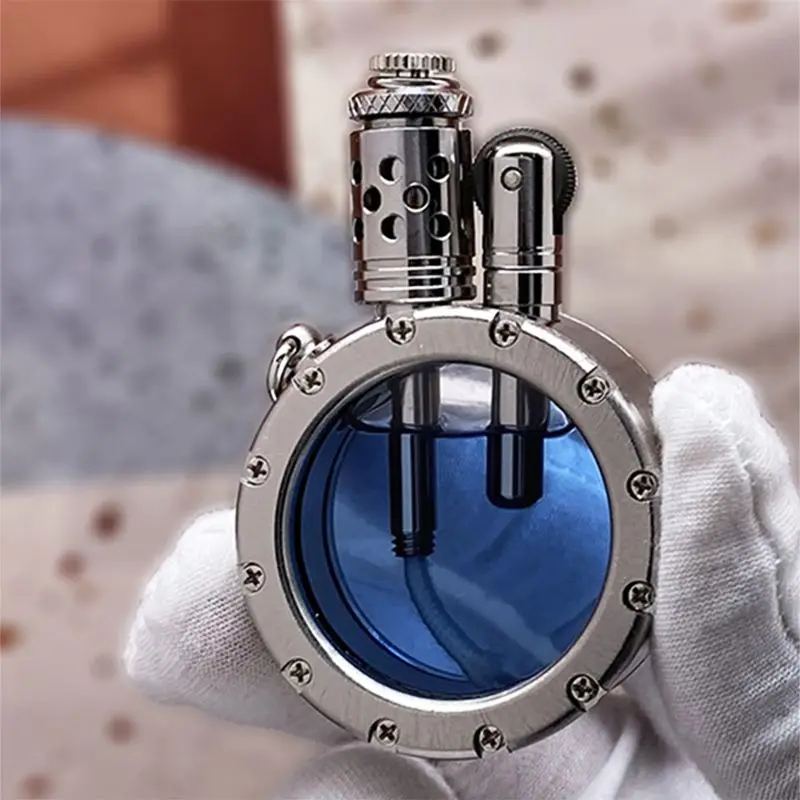 Handmade Pure Copper Gasoline Lighter Round Kerosene Oil Inflated Lighters With Transparent Oil Tank Creative Men Gift