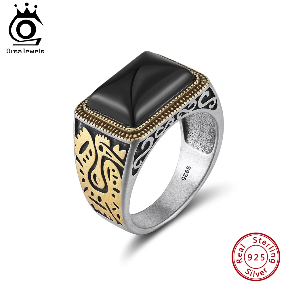 

ORSA JEWELS S925 Sterling Silver Fashion Black Agate Ring for Men Gift Retro Gold Plated Finger Ring Party Hip Hop Jewelry NMR16