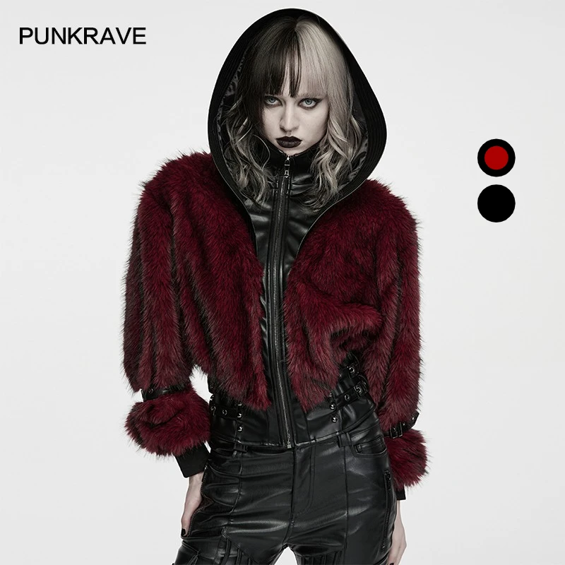 PUNK RAVE Women's Punk Faux Silver Fox Leather Coat Hooded Stand Collar Tailored Waist Clean Lines Hardcore Club Warmth Jacat