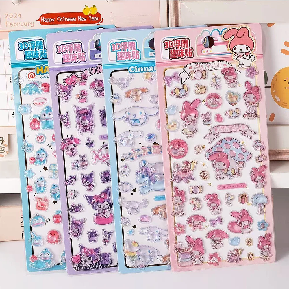 

4pcs Funny Cute Sanrio Kuromi Melody Cinnamoroll 3D Relief Crystal Stickers Kawaii DIY Decoration Sticker for Luggage Phone Bike