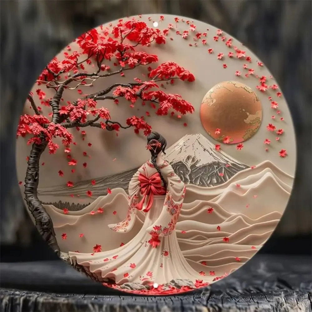 CIFBUY Japanese Metal Wall Art - Sakura Kimono Lady under Fuji, Tokyo Living Room Decor, 20x20cm Nail Art, Vintage Asian Style
