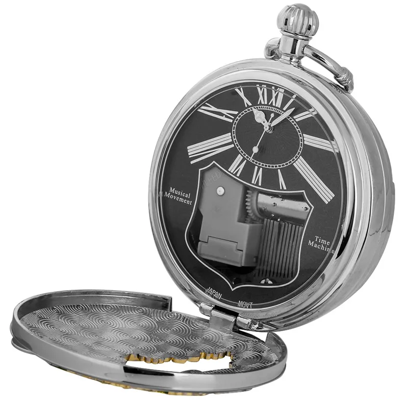 Creative Hollow Out Flower Butterfly Case Musical Quartz Pocket Watch with Castle in the Sky Song Pendant Chain Timepiece Gift