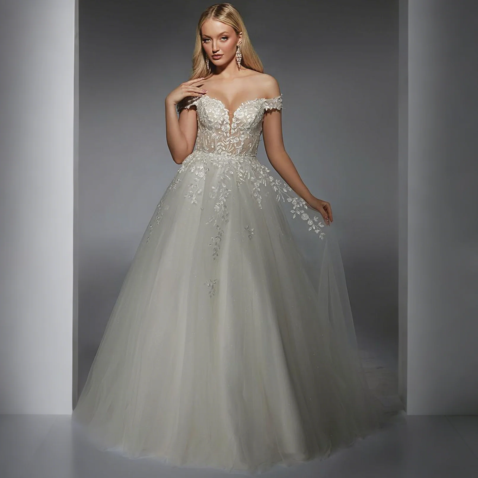 

Elegant Off the Shoulder Wedding Dresses Ivory Tulle Sweetheart Corset A-line Lace Up Evening Dress Appliques Sexy Bridal Gowns