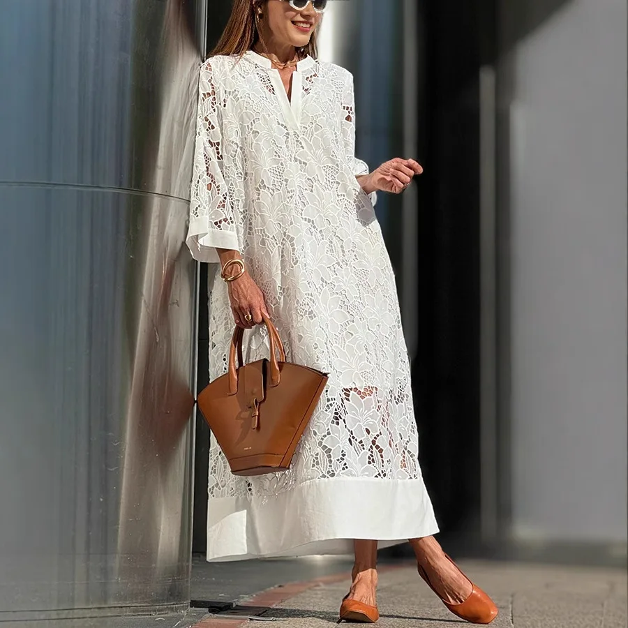 

BWQ Summer Women White Lace Hollow Evening Dress Elegant V Neck Contrast Patchwork Mesh Women Long Sleeve Party lace Dress