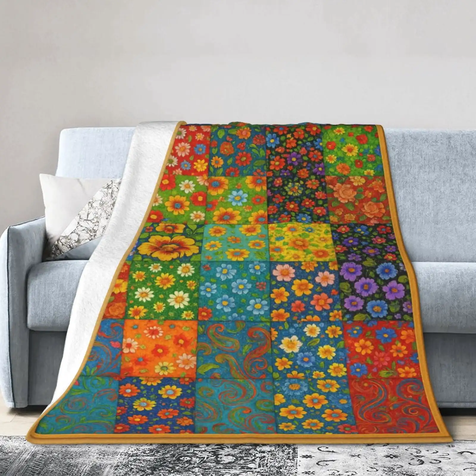 Colorful Printed Patchwork Floral Blanket, Soft Lightweight Throw for Couch and Bed, Multicolor Quilt-Inspired Design