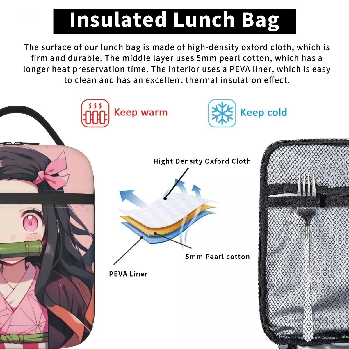 Grappige Kawaii Nezuko Geïsoleerde Lunchtas Hoge Capaciteit Demon Slayer Lunchcontainer Koeltas Lunchbox Tote Picknick Bento Buidel