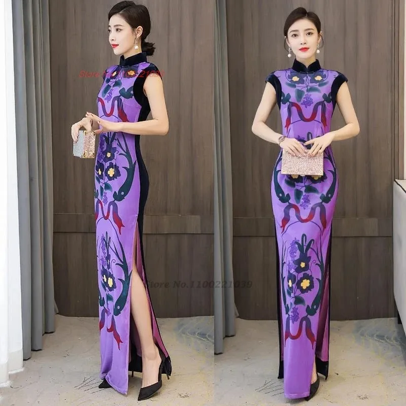 

2025 chinese vintage dress formal cheongsam traditional flower print improved qipao stage performance banquet evening dress