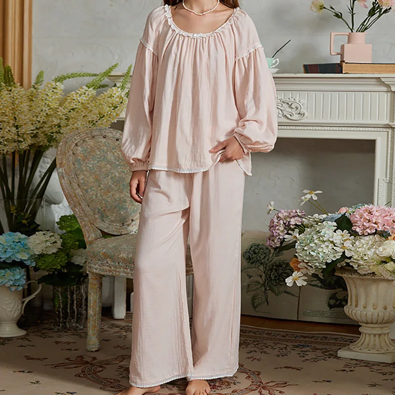Cotton Gauze Long Sleeved Pajamas for Women Spring Autumn Retro Lazy Style Princess Wide Leg Pants Home Suit