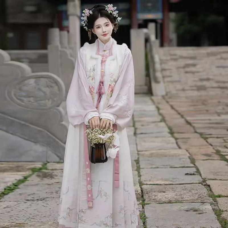 

Winter Women Hanfu Costume Chinese Traditional Embroidered Warm Hanfu Christmas Cosplay Costume New Year Party Hanfu Pink Dress