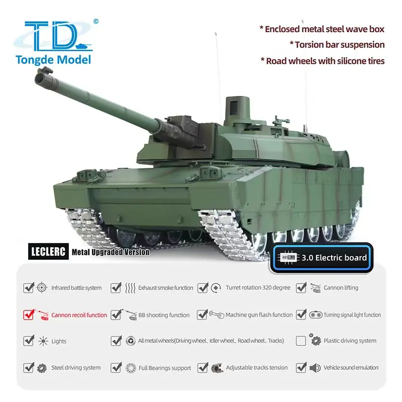 Tanque rc td h2408 1/16, tanque de batalha militar leclerc, roda de metal, caixa de velocidades, infravermelho, barril bb, unidade de fumaça de recuo