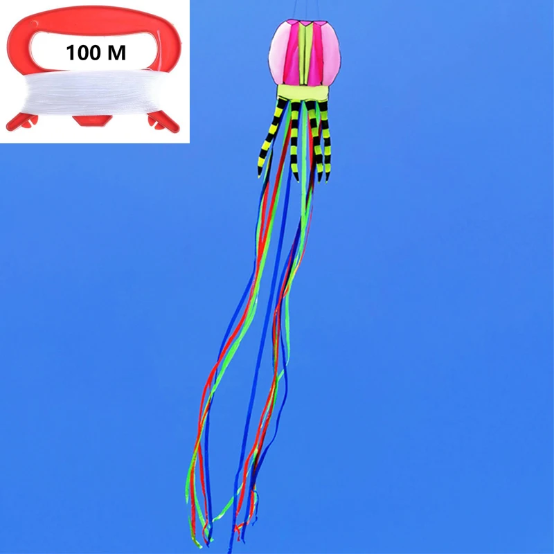 Cometa de medusas 3D de 4 colores, cinta de cola larga colorida de 7M, cometa suave, fácil de volar, resistente al desgarro, juguete volador para