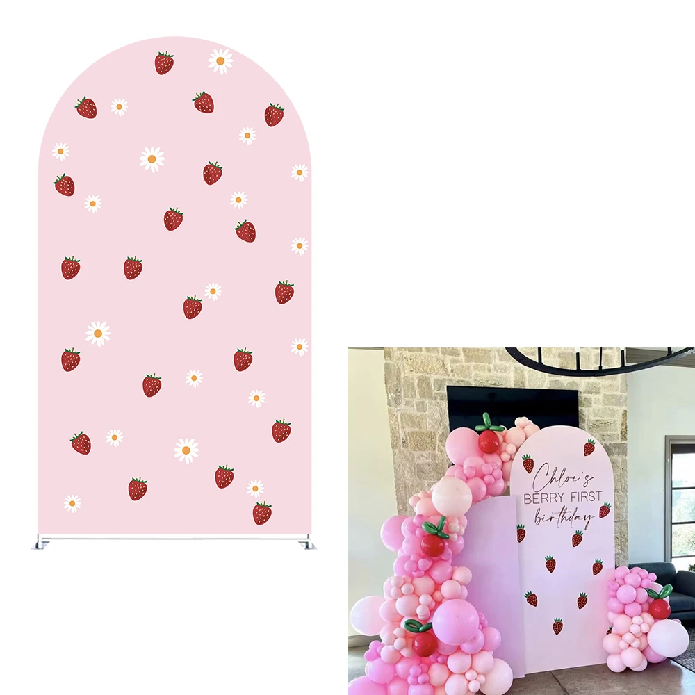 

Arch Backdrop Covers Strawberry Berry First Pink Plaids Birthday Party Arch Frame Cover for Baby Shower Parties Decorations