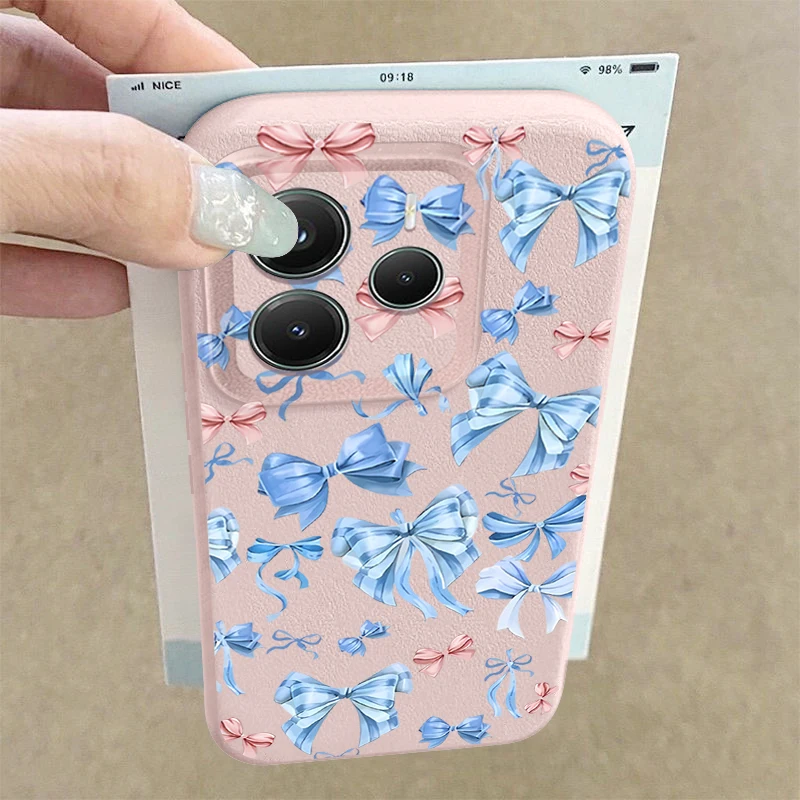 

Case For Xiaomi Redmi Note 14 13 Pro Plus 5G Note 13C 13 12 11 14 Pro 4G Blue Bowknot Pattern Leather Texture TPU Phone Cover