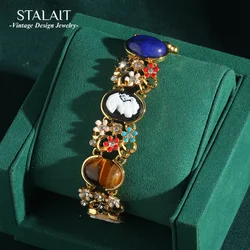 Bright Gold Color Camelot Color Stone Oval Women Bracelet 2024 Wide Antique Jewelry Palace Ladies Gift Luxury Retro Accessories