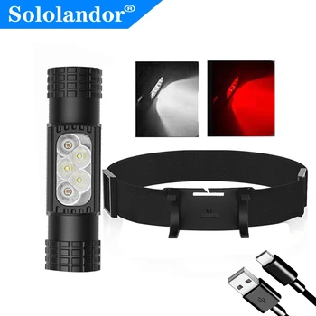 מנורת ראש מיני LED בעוצמה גבוהה לבן אדום עם זיכרון 18650 נטענת באמצעות USB Type-C למחנאות וציד