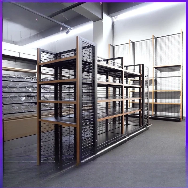 

Convenience store display shelves, steel and wood shelves, supermarket food shelves