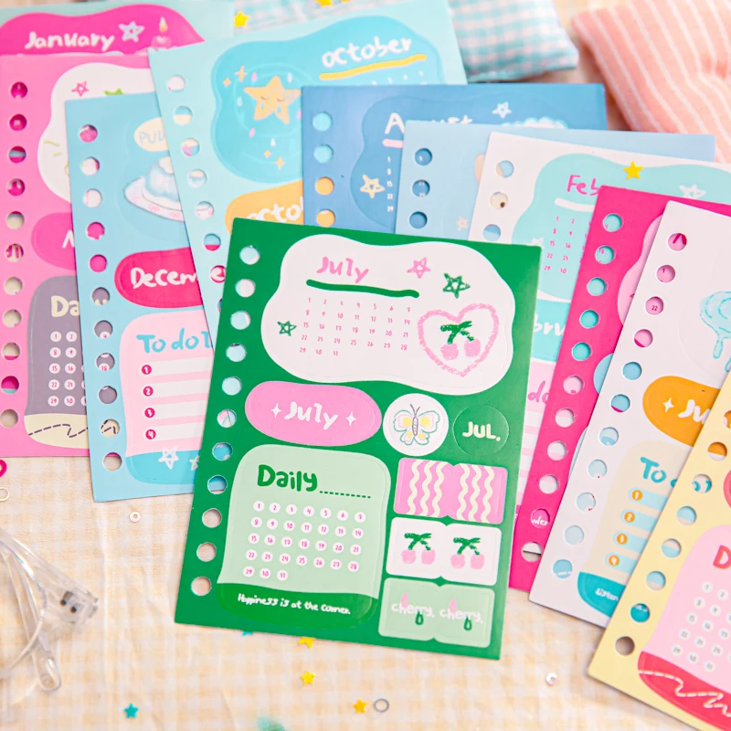 

12sheets Heartbeat Signal Series Kawaii Cartoon Illustration Calendar Material Sticker Creative Planner DIY Scrapbook Supplies