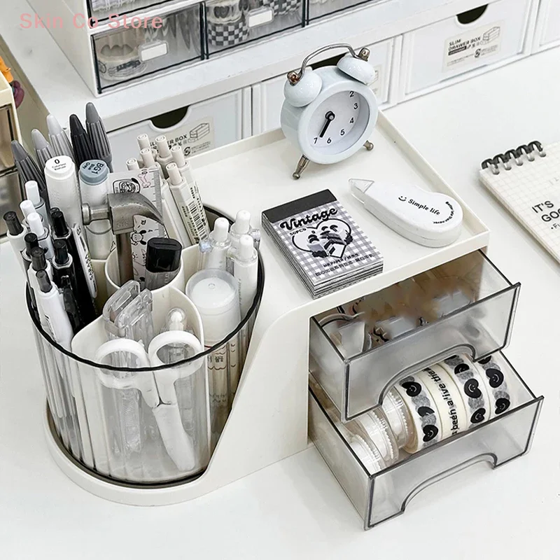 [CO]360° Rotating Desktop Pen And Makeup Brush Holder With Convenient Drawer Cosmetic Storage Box Large-Capacity Supplies[CO] view 3
