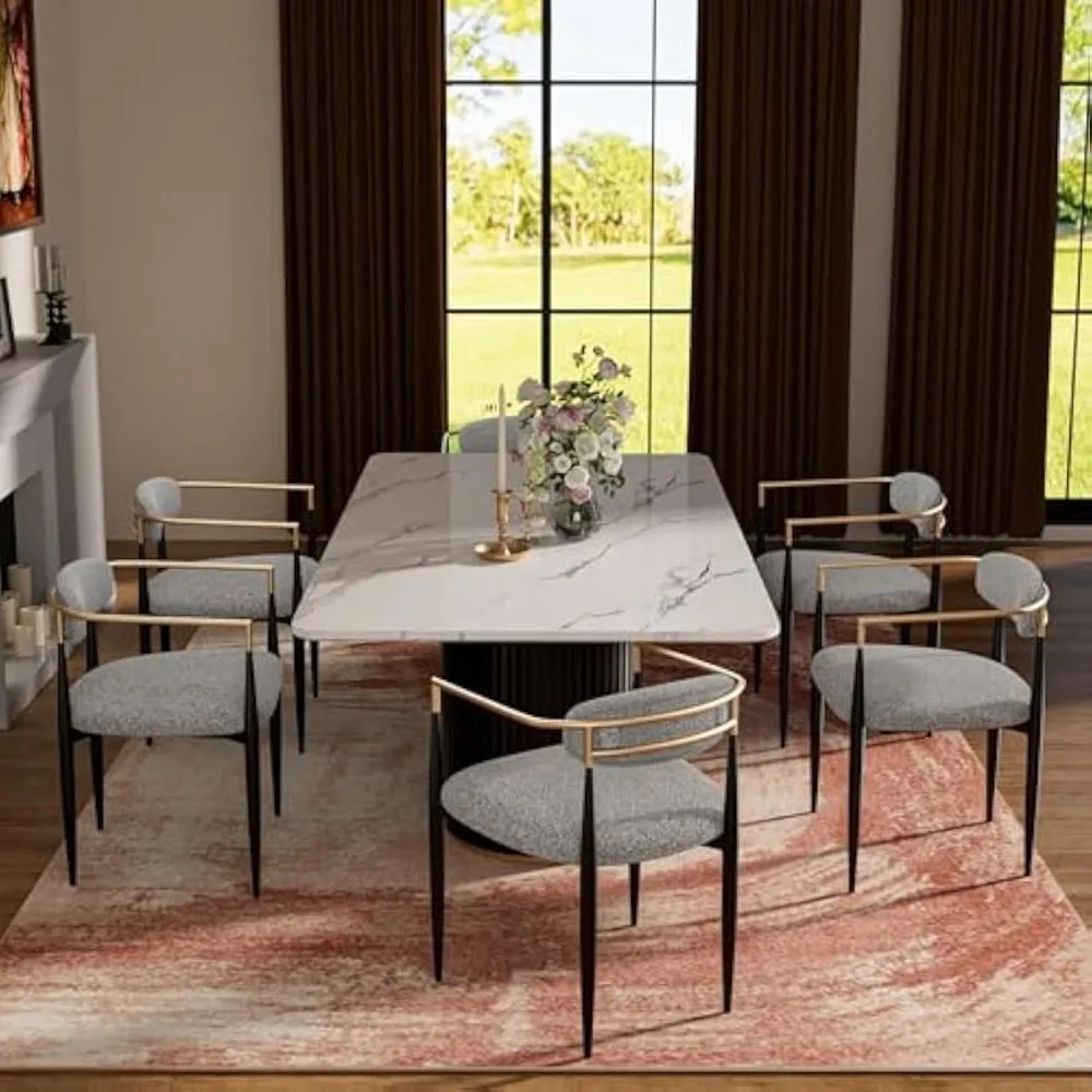 

Modern Dining Table Set for 6, 71" Rectangle Dining Table with White Faux Marble Tabletop and 6 Boucle Chairs for Kitchen