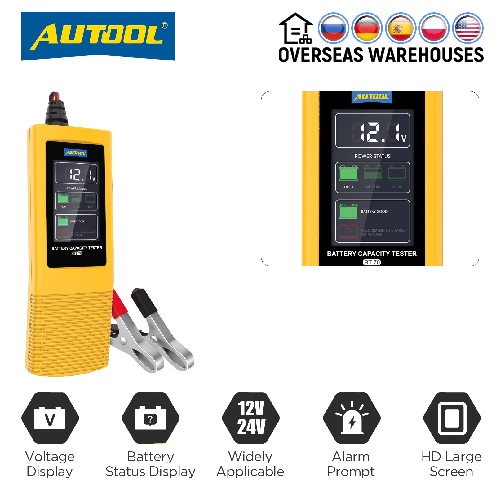 AUTOOL BT70 Car Battery Capacity Analysis Monitor Detect Battery Power Tester 12V 24V Automotive  Current Battery Analyzer