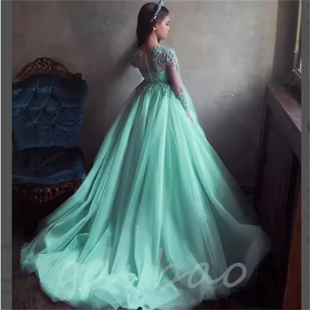 تول زهرة فتاة فستان الزفاف عيد ميلاد تول مطرز الأميرة الأزرق كامل الأكمام الاطفال فساتين حفلة التواصل الأول فستاين سهرة/فساتين الحفلات #5