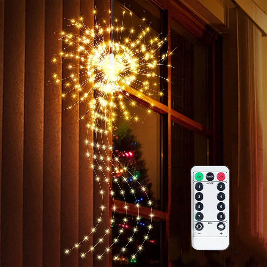 Guirnalda de luces navideñas de Año Nuevo 2024, alimentada por batería/USB, control remoto para exteriores, 8 modos, 200LED, fuegos artificiales, luces de jardín de hadas