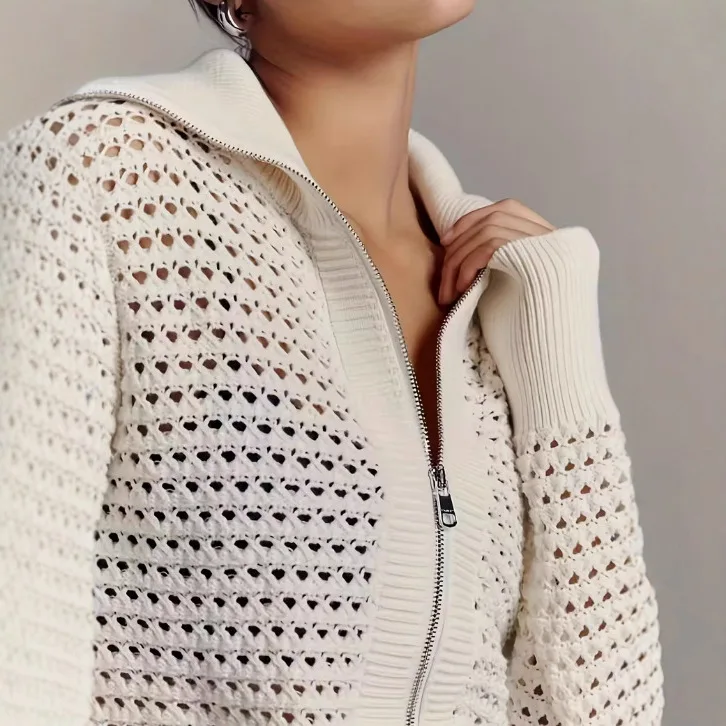 معطف نسائي جديد غير رسمي بسحاب منسوج مجوف لعام 2025