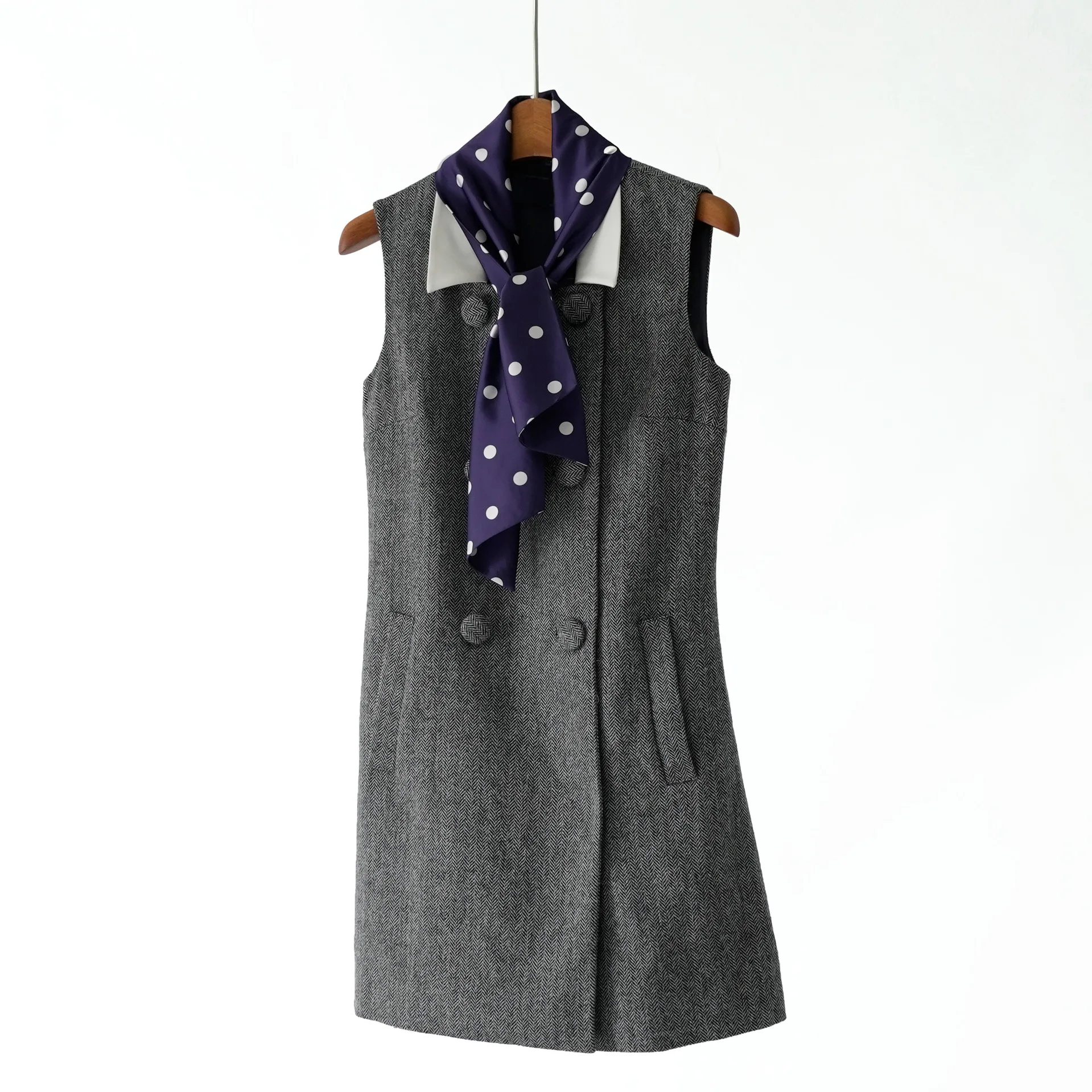 

Early Spring New Grey Mixed Color Detachable Silk Woolen Women's Dress Knitted High Waist H Version Elegant Style No Sleeve