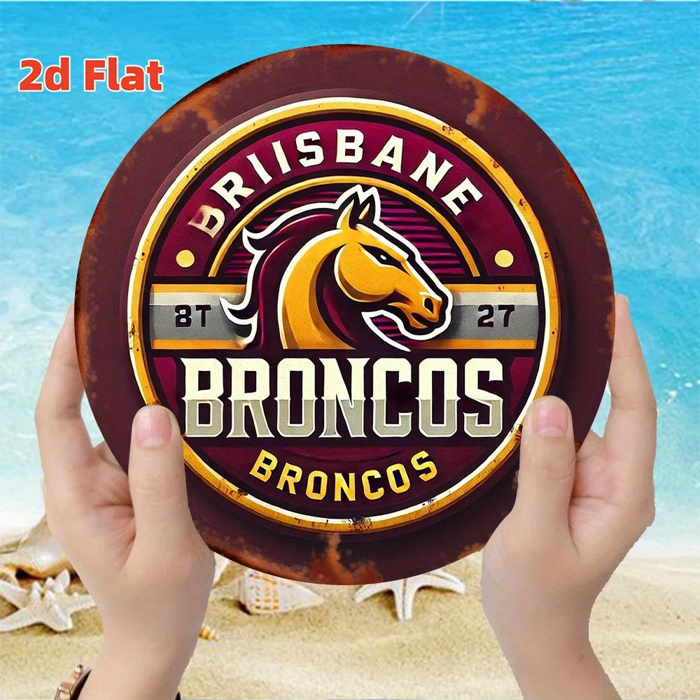 2D Flat, 1 Stück Brisbane Broncos Logo Vintage Metallblechschild – 20,3 x 20,3 cm, rustikale Aluminium-Wandkunst für Garage, Zuhause, Bar-Dekoration – Reus