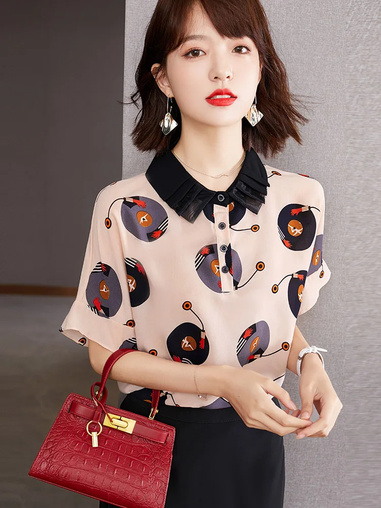 Women Casual Tops Summer New Retro Printing Short Sleeve T-shirt Shirt Lady Temperament Loose Chiffon Blouses