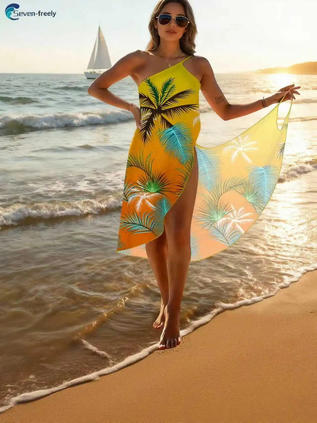 

Women's Cover-Up Dress with Off-The-Shoulder Straps, Yellow Palm Tree Pattern, Beach Vacation Slip Dress, Backless Summer Beachwear, Pool Beach Outfit, Wrap Dress, Slip Dress