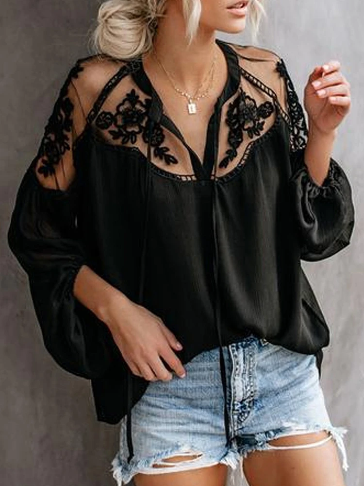 Camicia Donna Pizzo Boho Estiva – Top Con Scollo A V, Maniche Corte, Elegante E Leggera