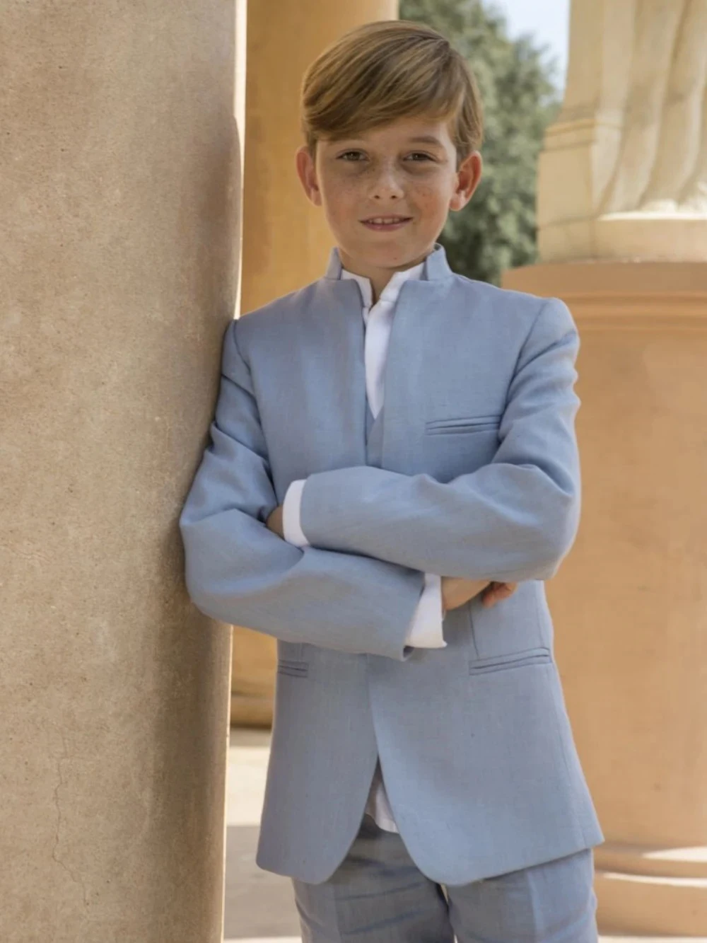 

Светло-голубой льняной костюм для мальчиков, 3 предмета, летний дышащий комплект, нарядный детский смокинг для улицы, пляжа, свадьбы