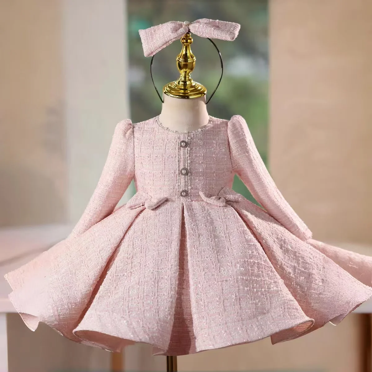 Jill Wish J718 Pink Flower Girl Dress Bows Lovely Long Sleeve Knee Beading Princess Kids Wedding Birthday Party Formal Gown