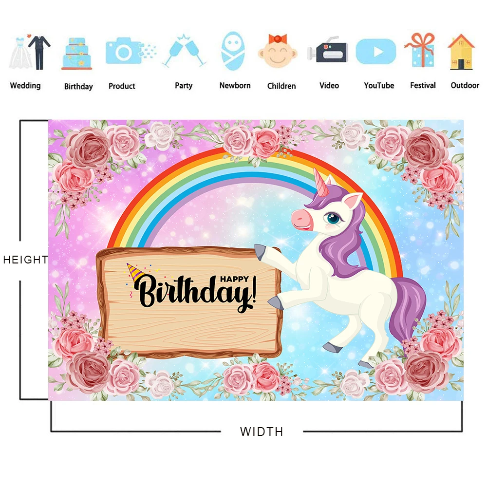 Cầu Vồng Kỳ Lân Banner Happy Birthday Trang Trí Phông Nền Sơ Sinh Gái Chụp Ảnh Em Bé Hình Nền Phòng Thu Photocall