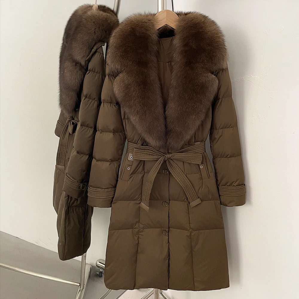 Gola de pele de raposa real pato branco para baixo jaqueta à prova dwaterproof água feminino quente outono inverno puffer jaqueta penas casaco de pele de realidade feminino