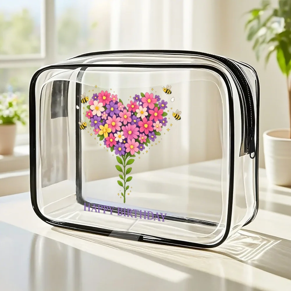 

Toiletry Bag Flower Heart Birthday Clear Zip Pouch Cute Floral Retro Aesthetic Transparent Makeup Bag Travel Toiletry Case Gift