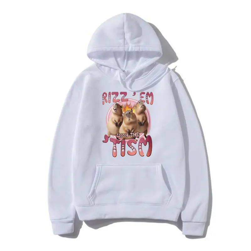 Cartoon Rizz Em with The Tism Capybara Print Hoodies Male Funny Oversized Sweatshirt Men Women Autumn and Winter Fleece Pullover