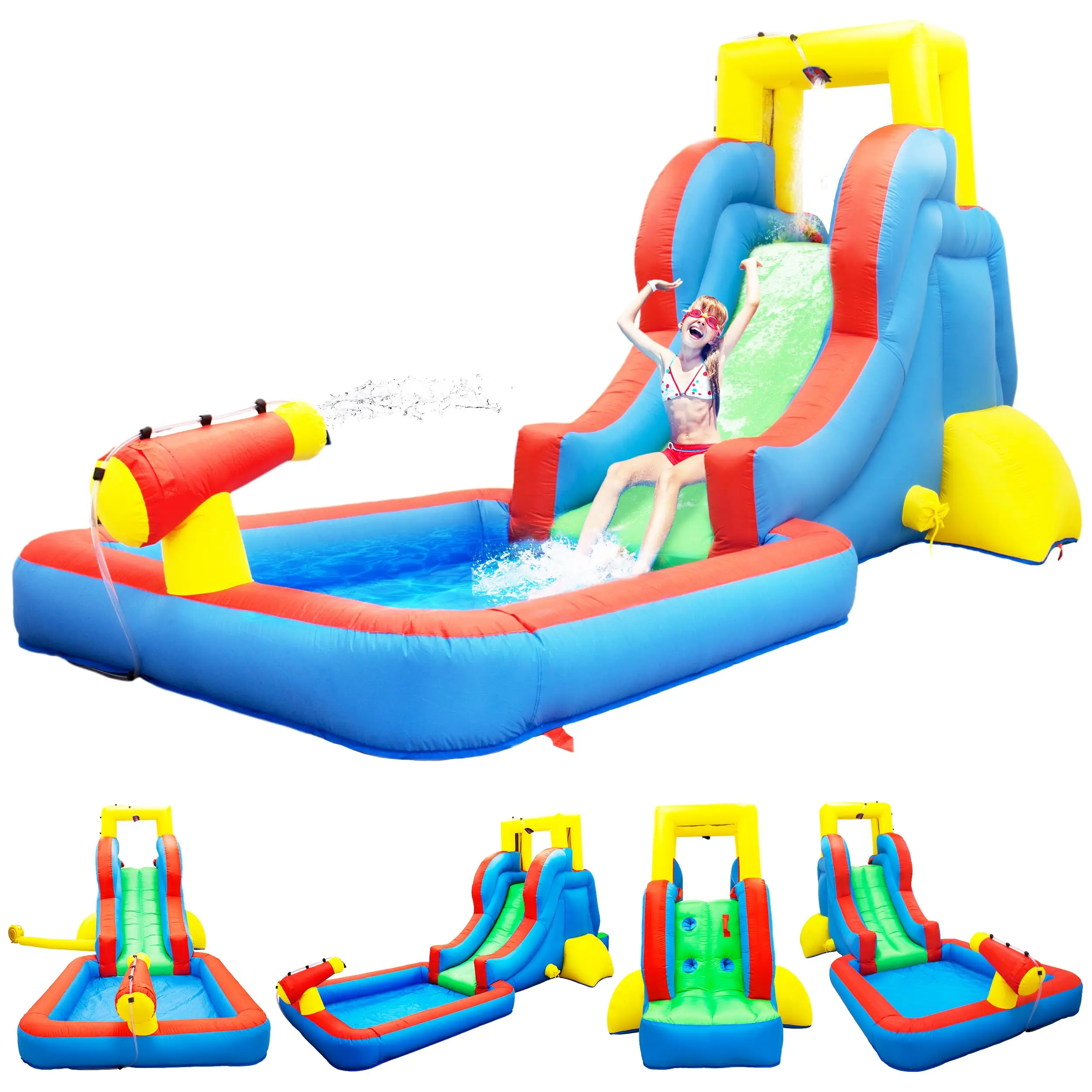 Parque tobogán acuático KC108, casa inflable que rebota con área de piscina (zona de salpicaduras), cabezal de ducha de pared trepadora, soportes para aerosoles, cañón de agua