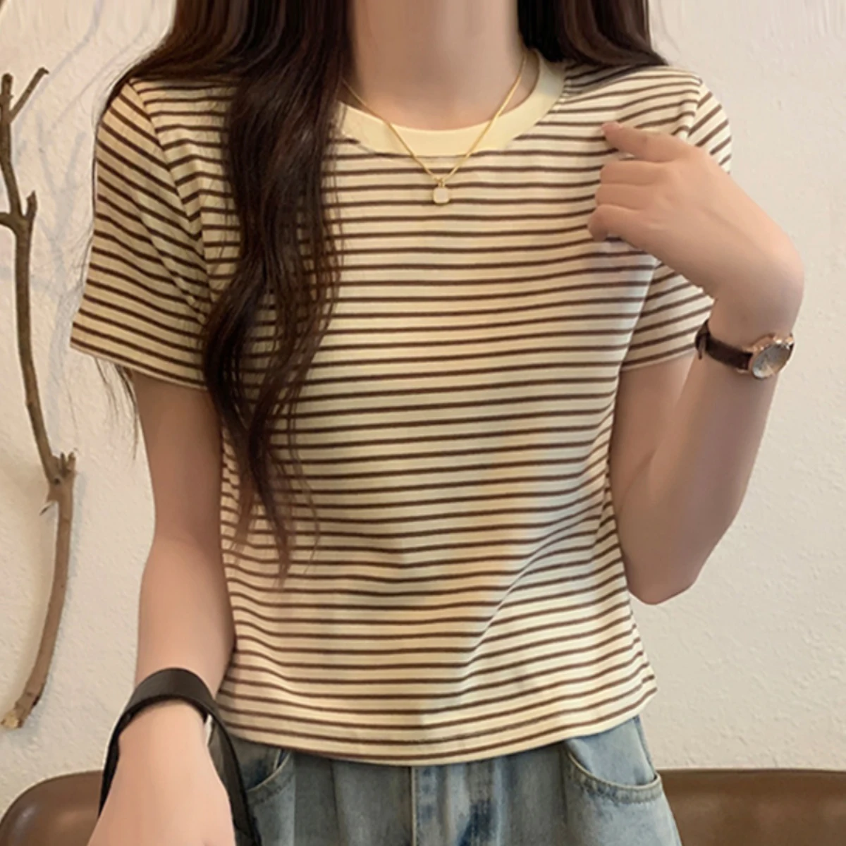 المرأة الجديدة تنوعا قصيرة مخطط قصيرة الأكمام تي شيرت الصيف الكورية عادية نصف كم تي شيرت Spicl فتاة نمط بلوزة مستديرة العنق #5