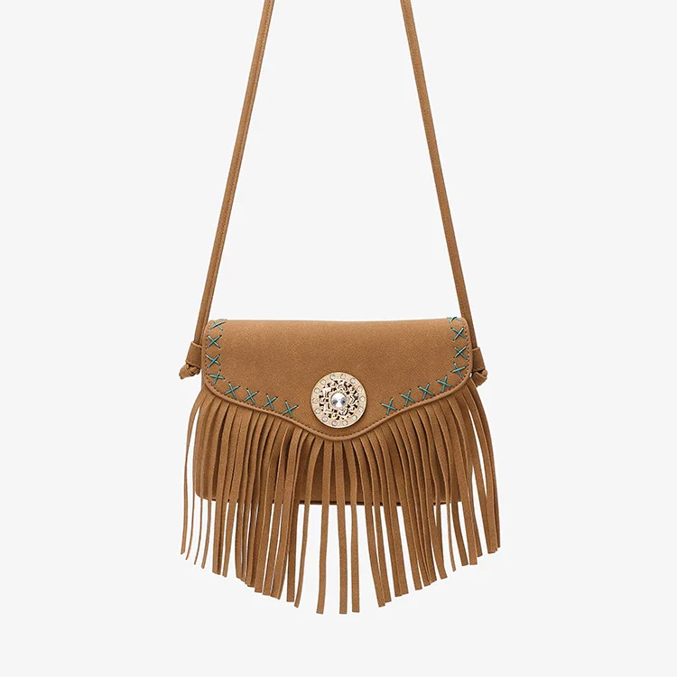 

Ethnic Style Flower Diamond Fringed Bag - Women's Retro Matte Woven Contrast Shoulder Messenger