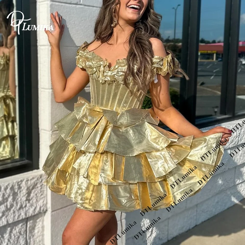 Metallic Gold Off Shoulder Corset Mini Prom Dress Tiered Ruffle Short Ball Gown Custom Sweet 16 Birthday Homecoming Party Dress