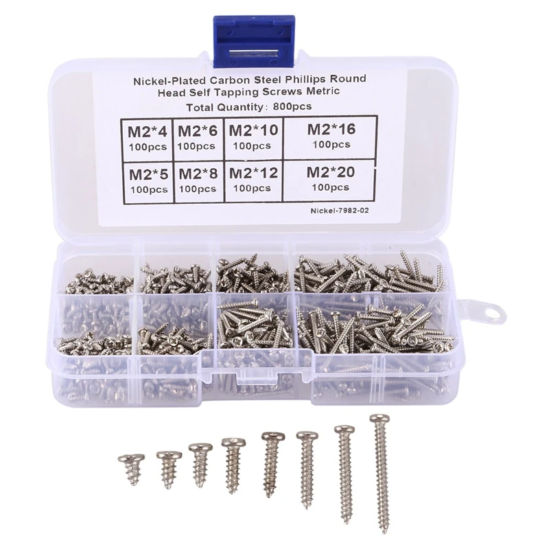 1600Pcs M2 Screw Carbon Steel Cross Drive Pan Head Self Tapping Screws Assorted Fastener M2X4/5/6/8/10/12/16Mm/20Mm